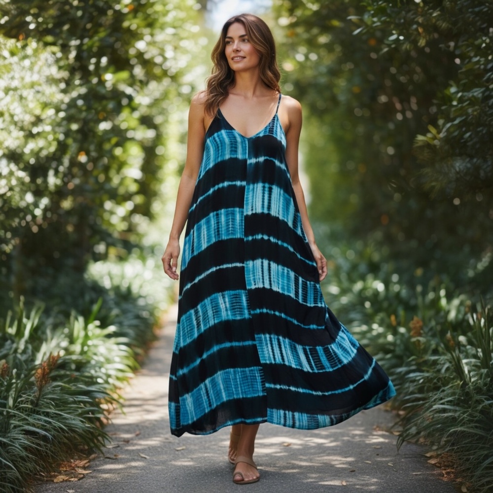 Lovestitch Tie Dye Maxi Camisole Dress S/M Blue Black Boho Beach Resort Wear